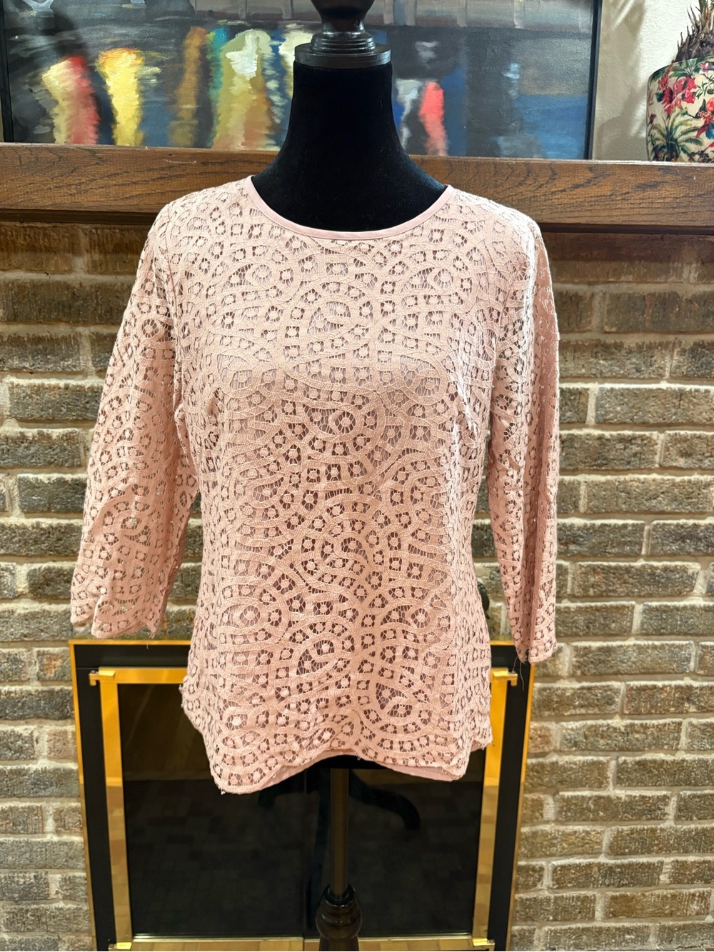 J. Crew Blush Pink Lace Three-Quarter Sleeve Top